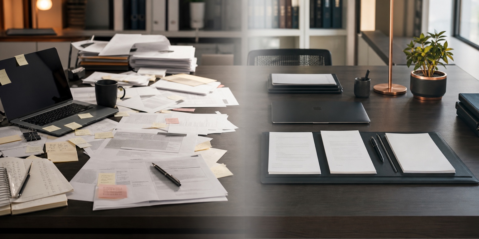 Escritorio jurídico con versiones, antecedentes y pendientes todavía dispersos.