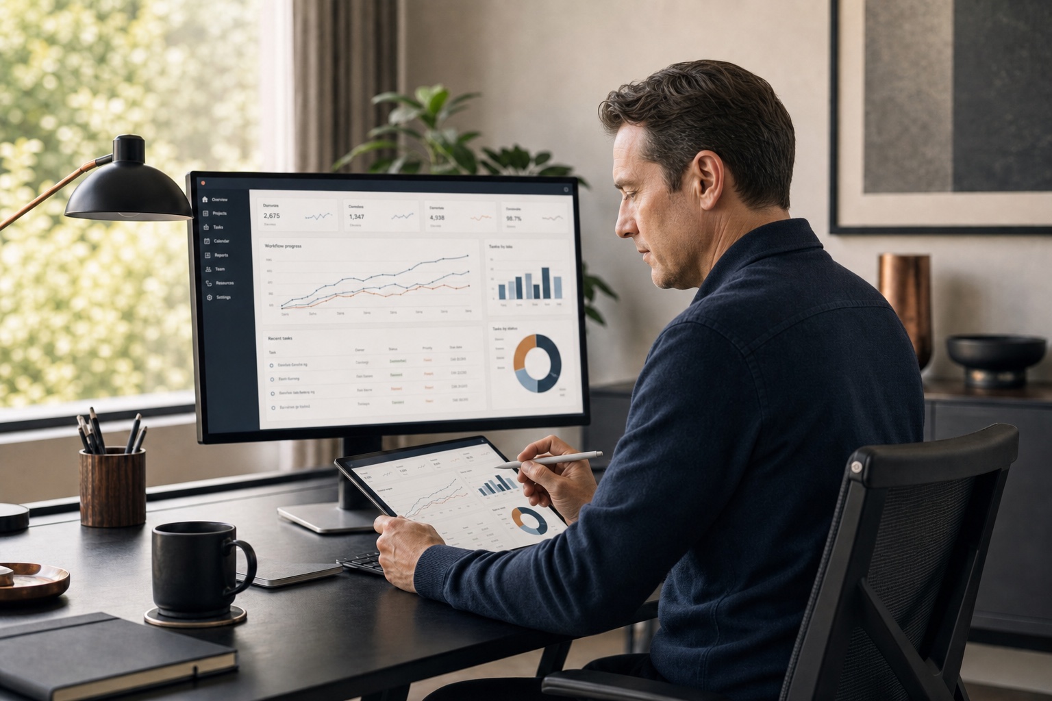 Profesional revisando un dashboard preparado por su sistema antes de aplicar su criterio.